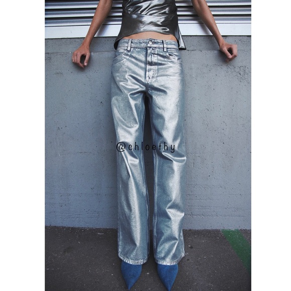 Zara Z1975 MID RISE STRAIGHT CUT METALLIC JEANS - Picture 8 of 10